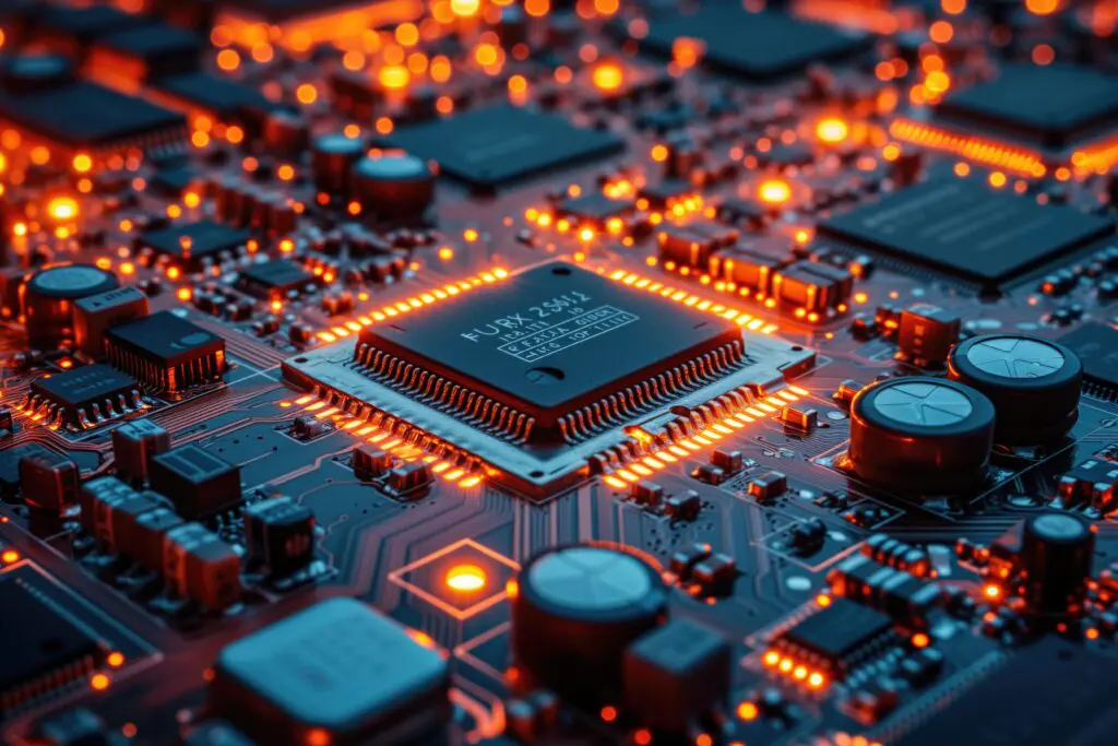 Computer microchips and printed circuit board with lights.